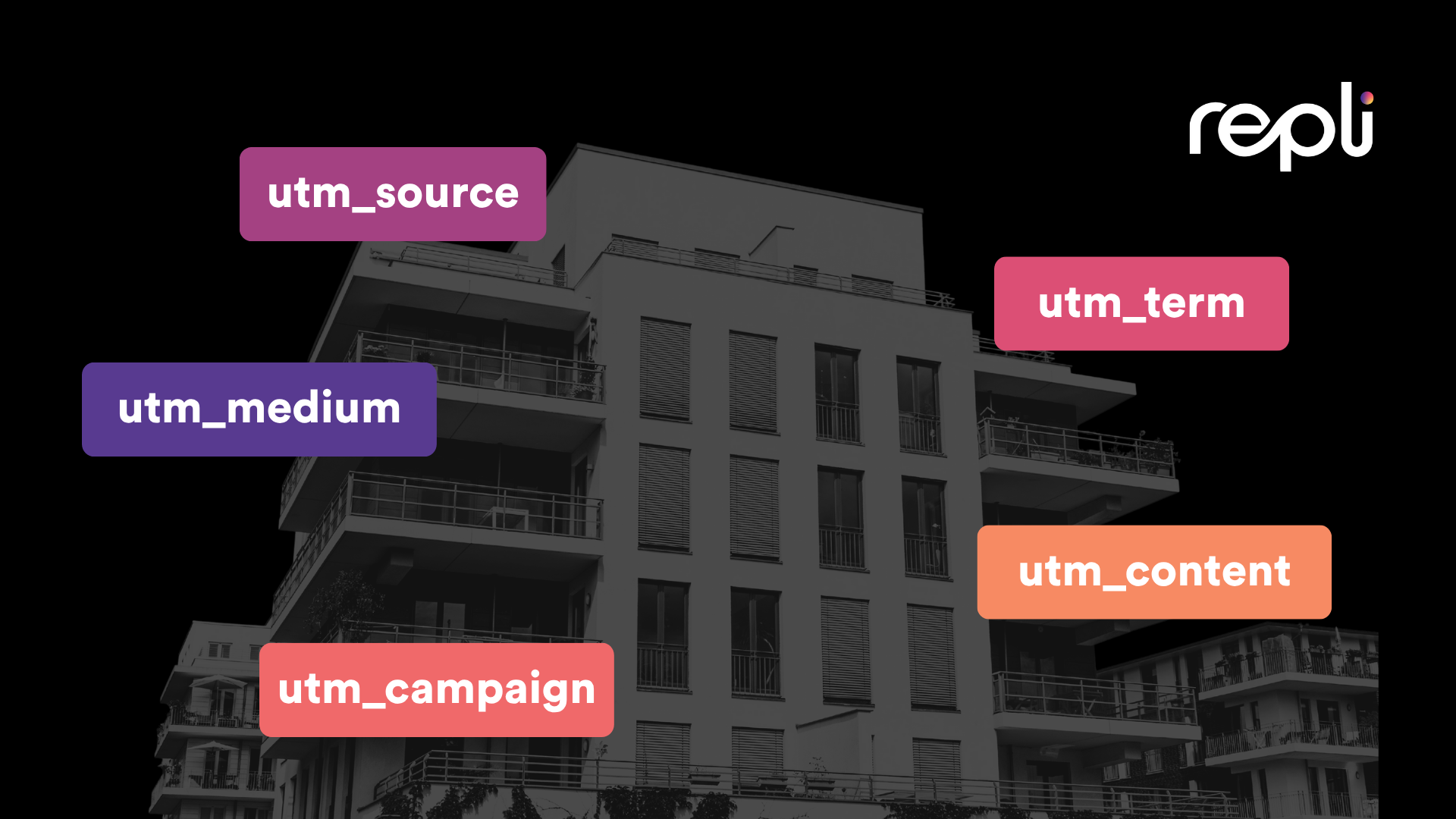 A building overlaid with colored boxes labeled with UTM parameters, against a black background.