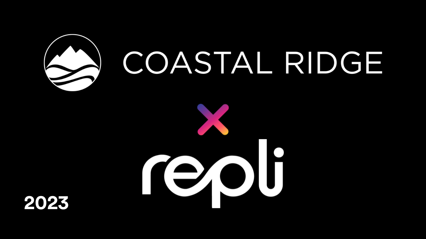 The logo for coastal ridge x repli is on a black background.
