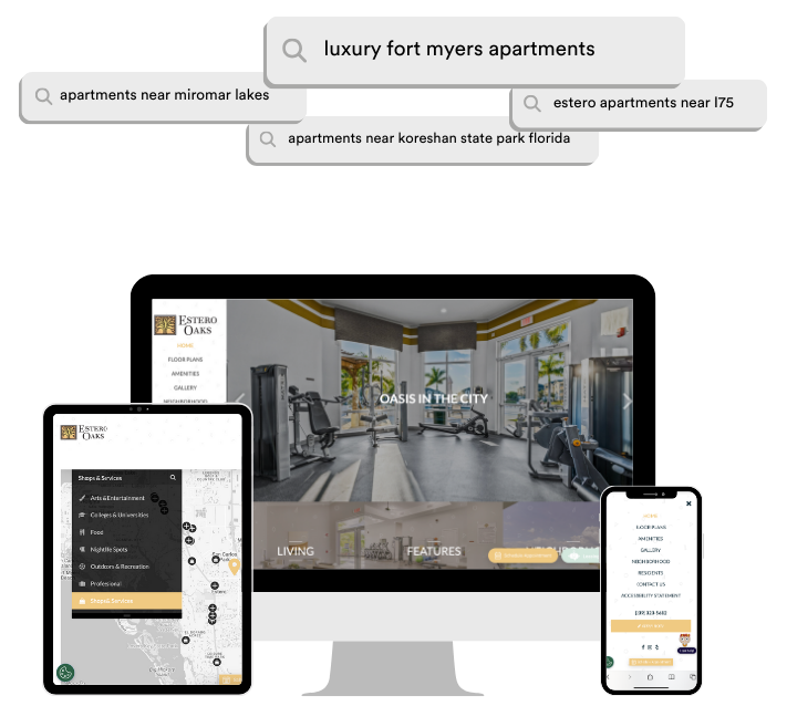 A computer , tablet , and phone are displaying a website for luxury fort myers apartments.