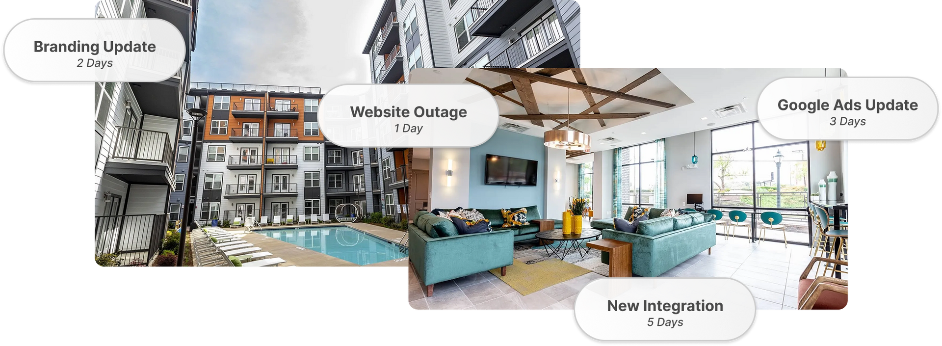 A collage of pictures of a living room and a pool.