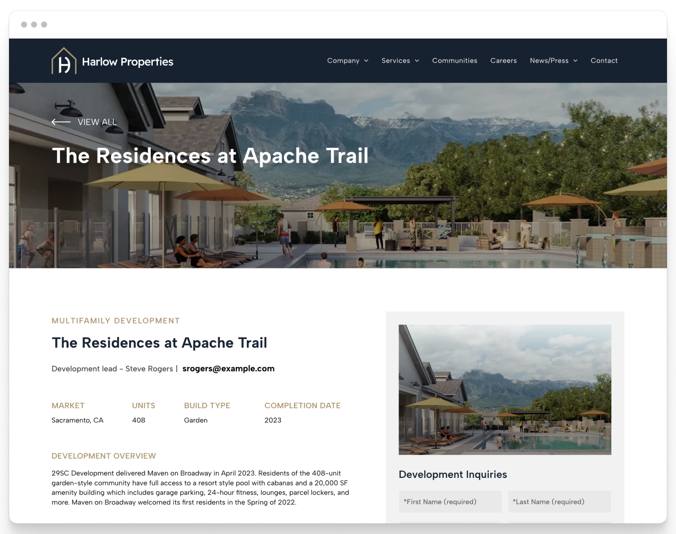 Property Microsite Page Preview of Harlow Corporate Website Theme