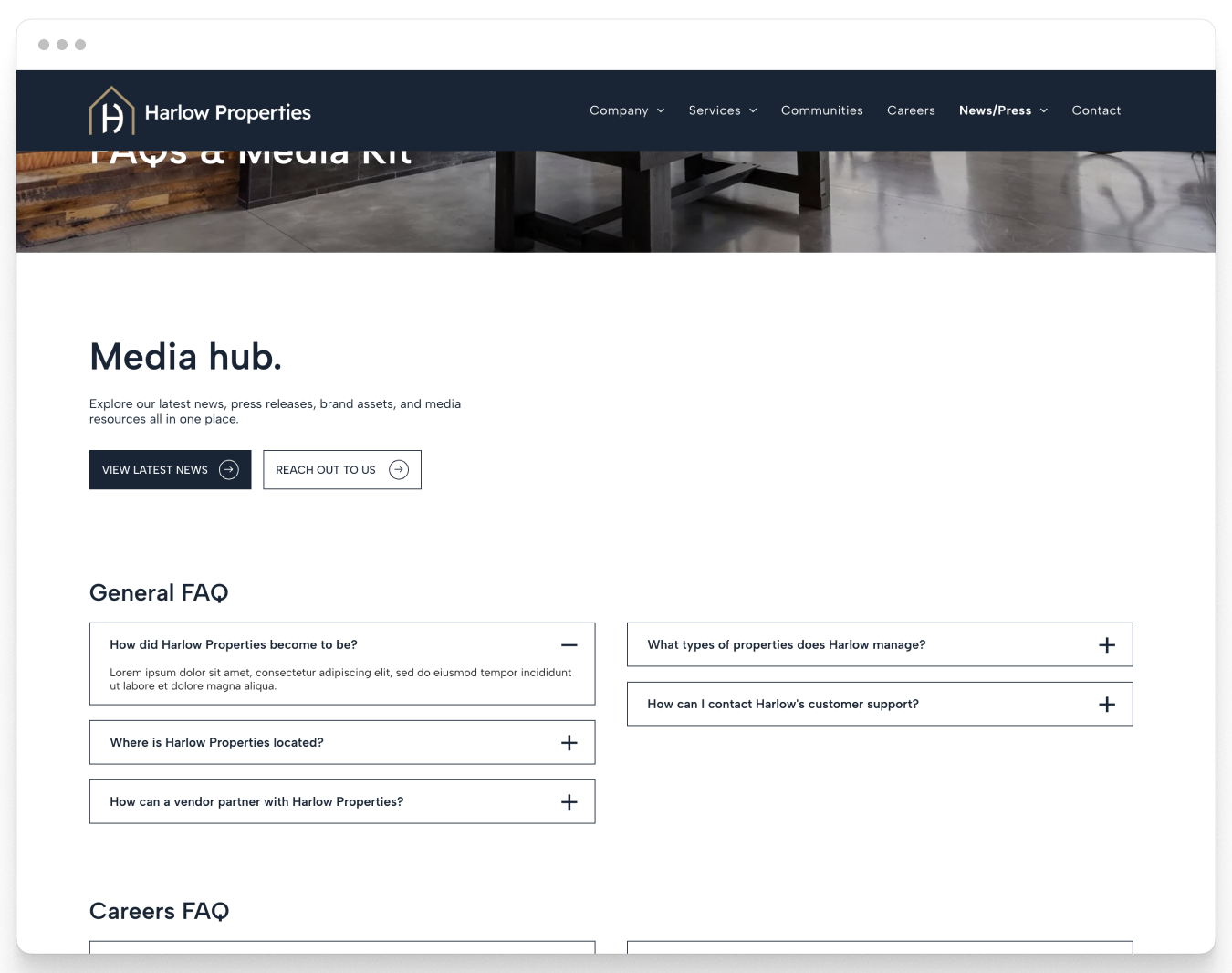 FAQ Page of Harlow Corporate Website Theme