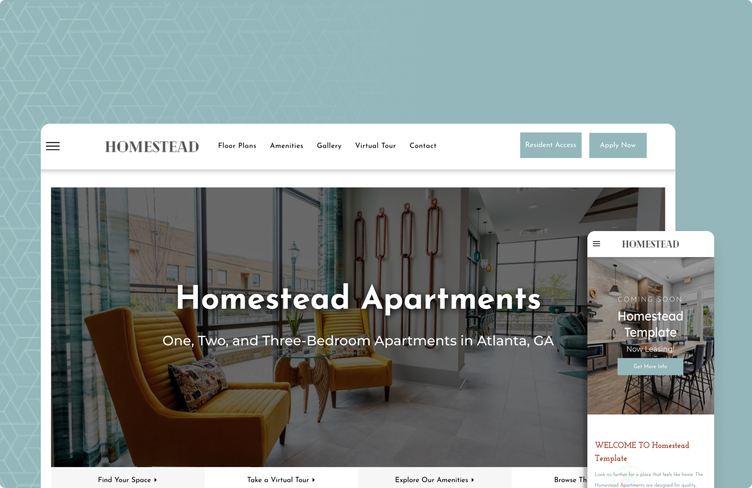 A website for homestead apartments shows a living room with two chairs and a table.
