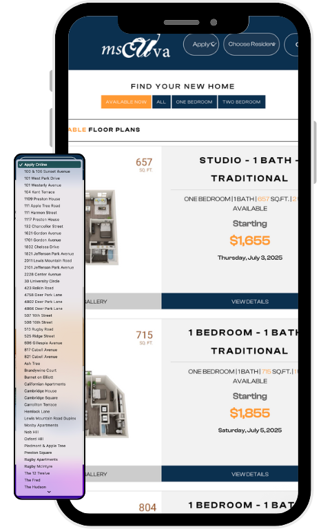A cell phone is displaying a microsite for Sunset Avenue apartment community