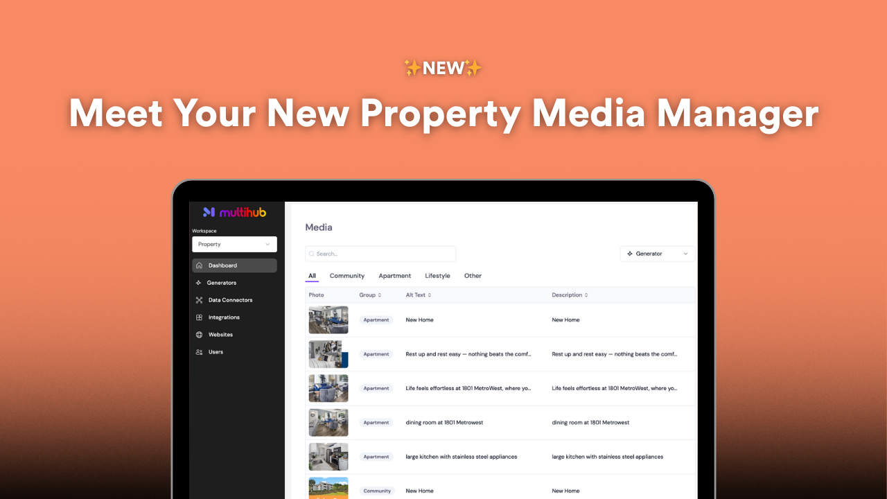 Tablet screen displaying a property media manager interface. Orange background with 
