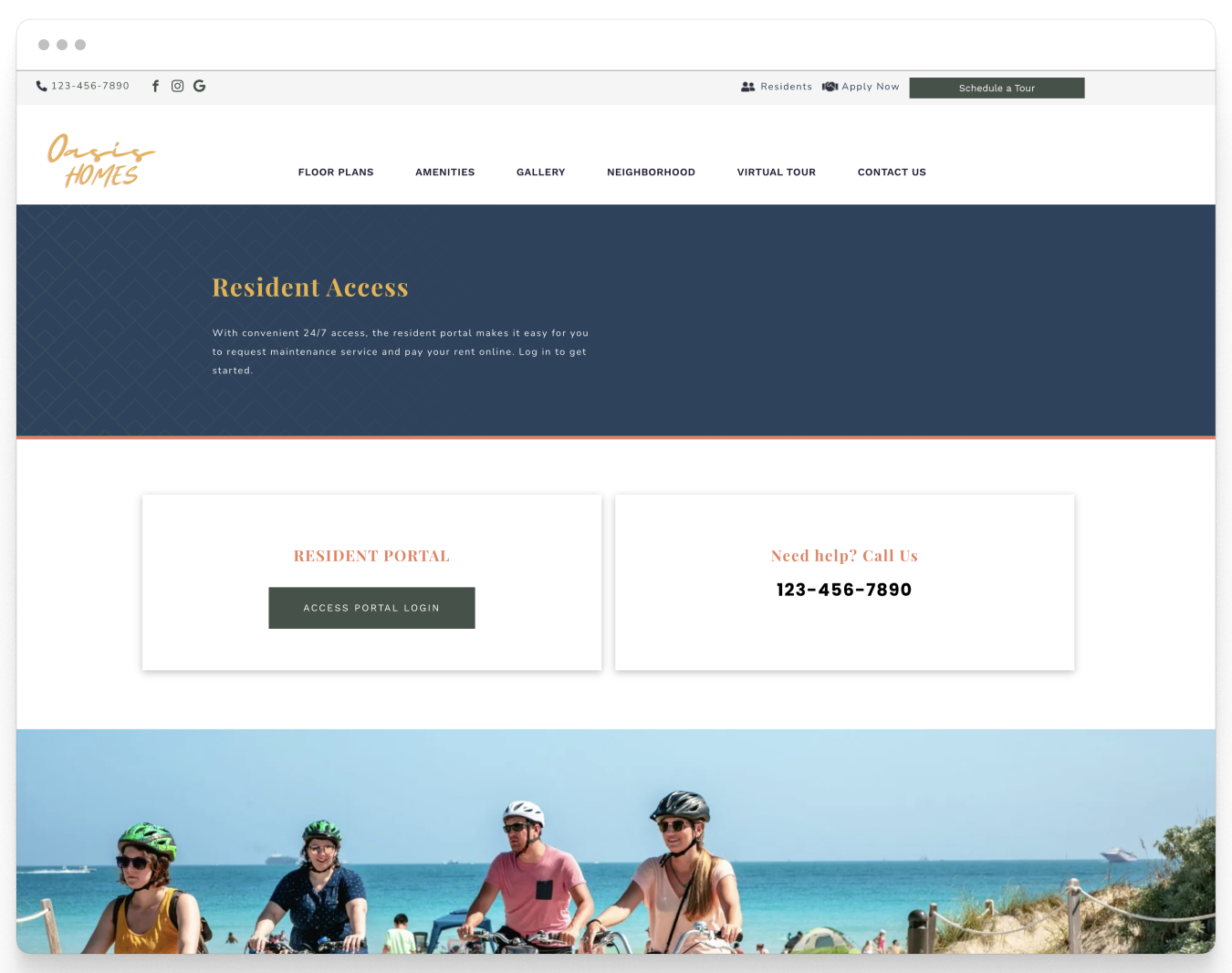 Resident Access Page Preview of Oasis Property Website Theme