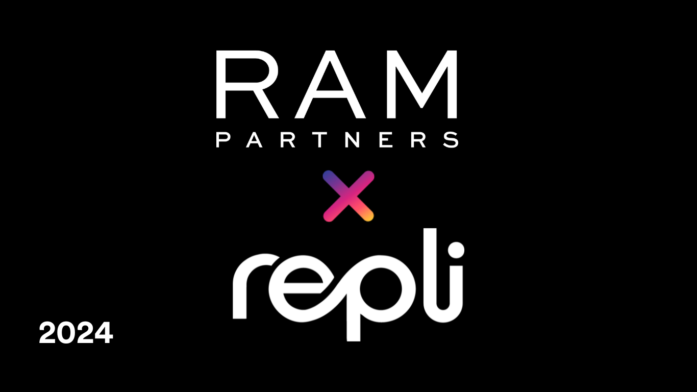 A logo for ram partners x repli is on a black background.