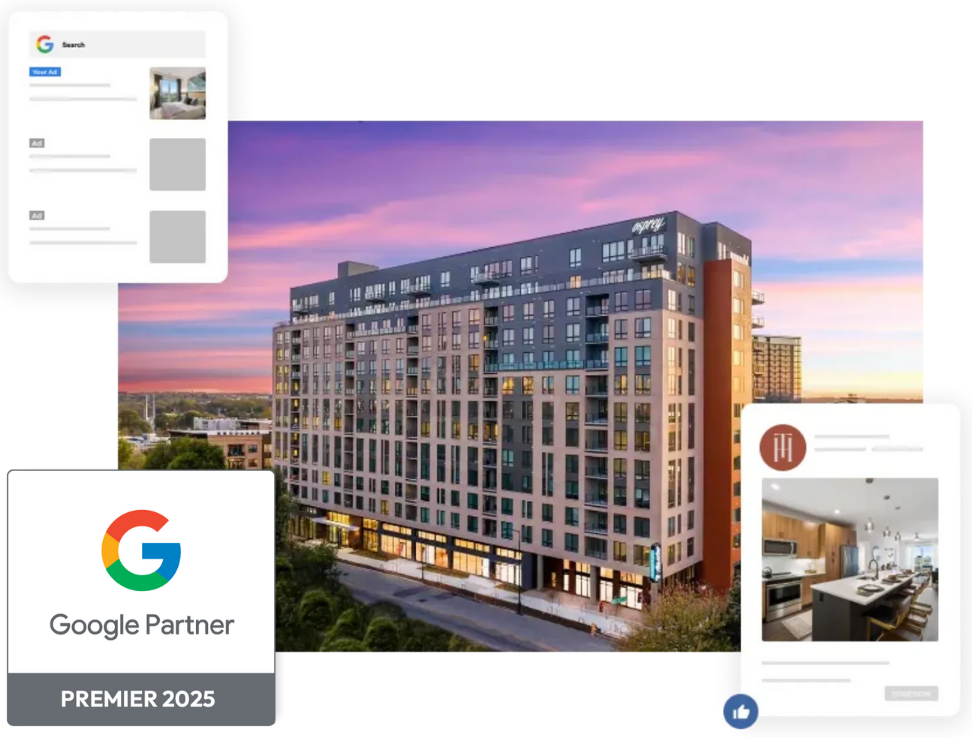 A picture of a building with a google partner badge next to it.