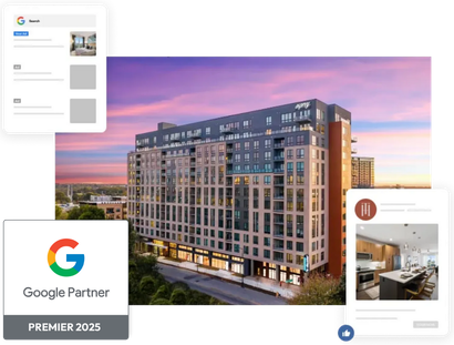 A large building with a google partner badge next to it.