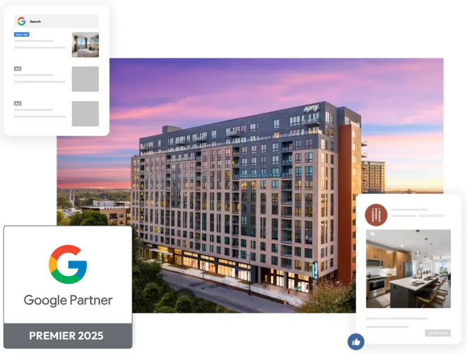A large building with a google partner badge next to it.