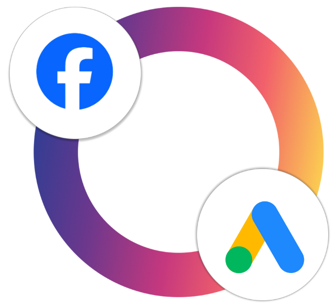 A facebook logo and an adwords logo are in a circle