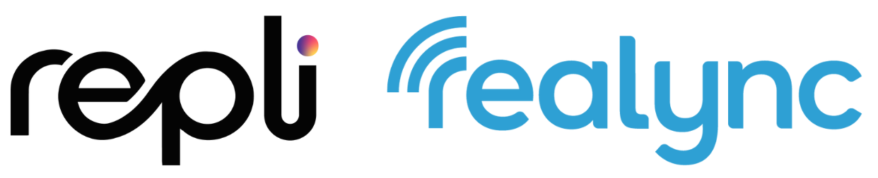 A logo for a company called repli real sync