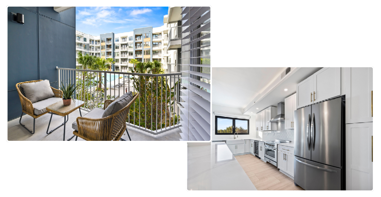 There are two pictures of a balcony and a kitchen.