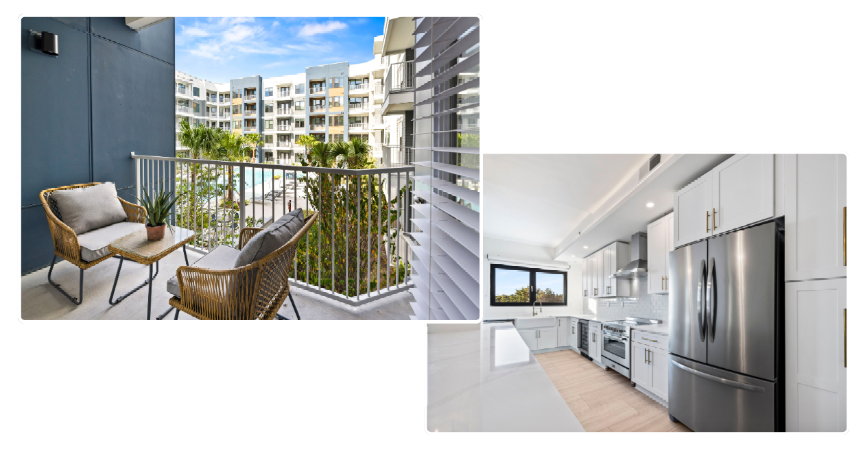 A balcony with a chair and a table next to a kitchen with a refrigerator.