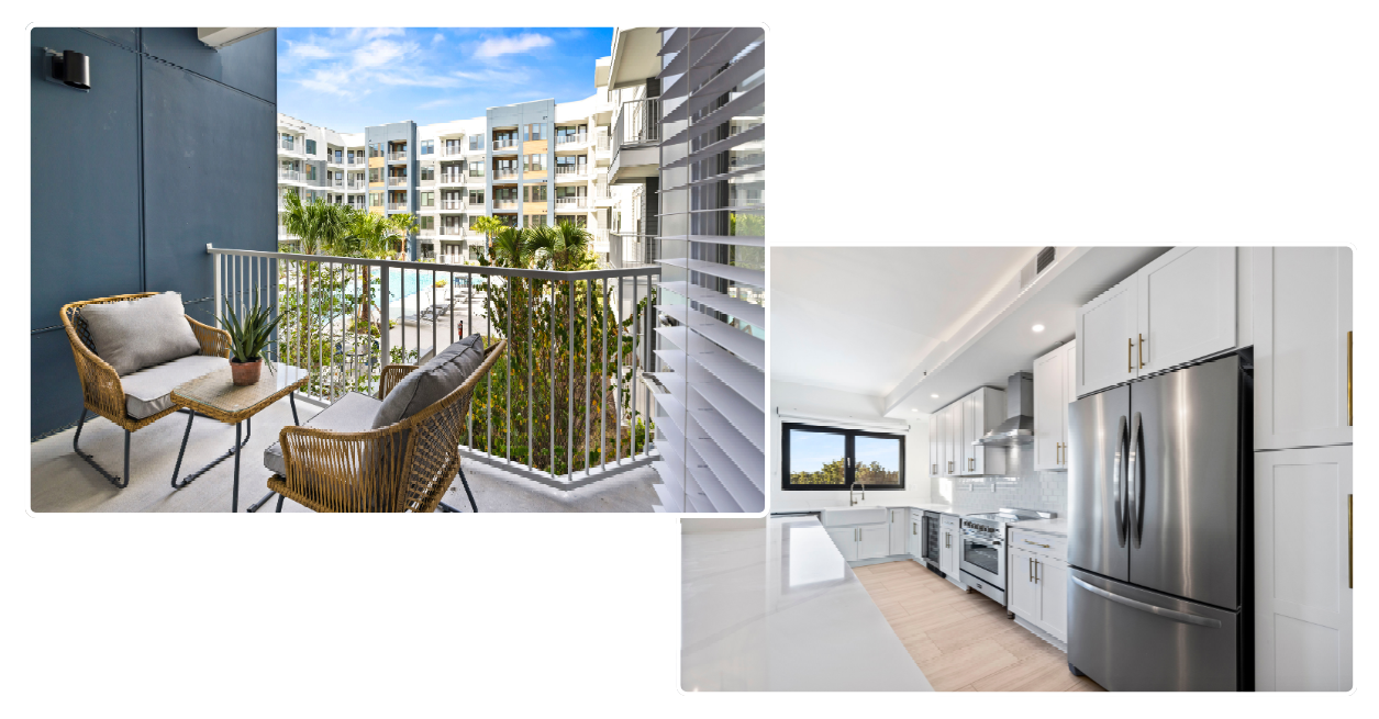 A balcony with a chair and a table next to a kitchen with a refrigerator.