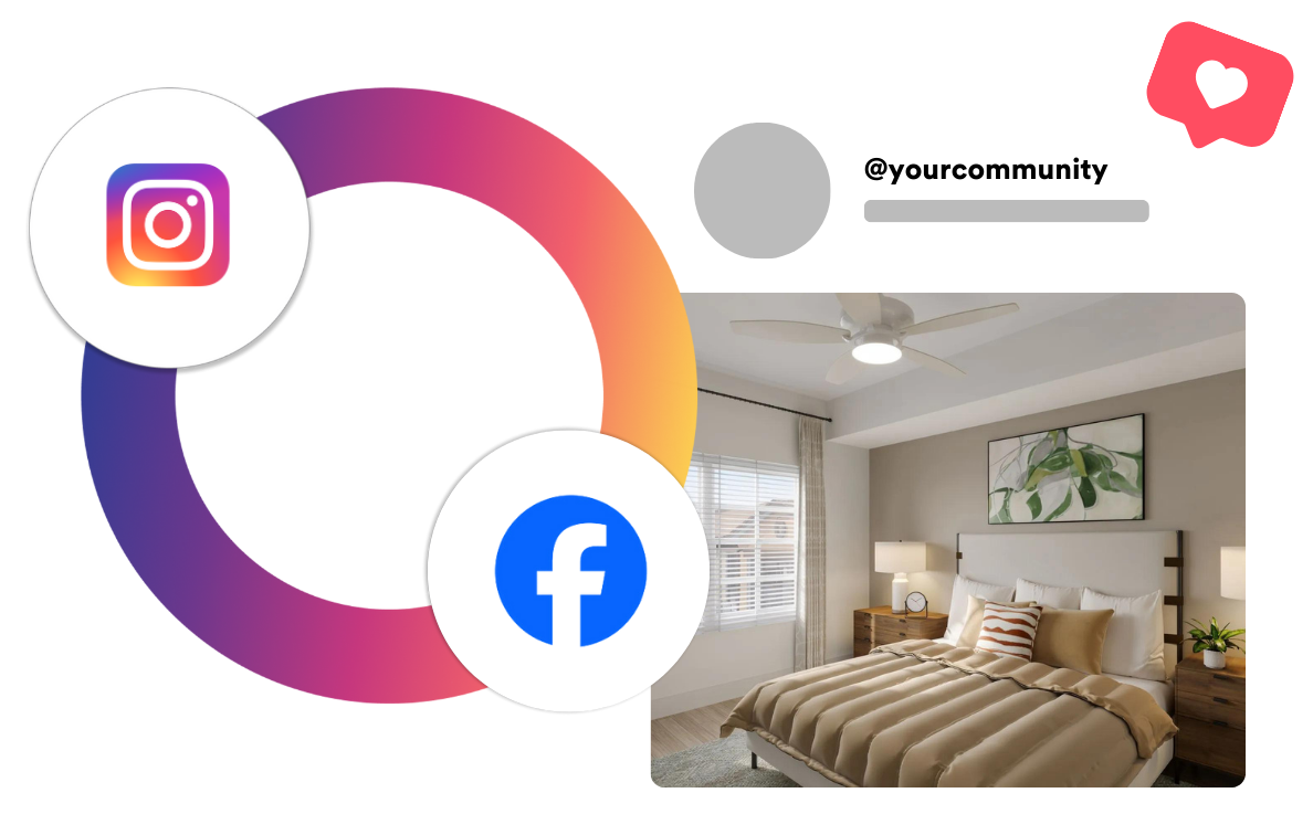 A bedroom with a bed and a facebook logo