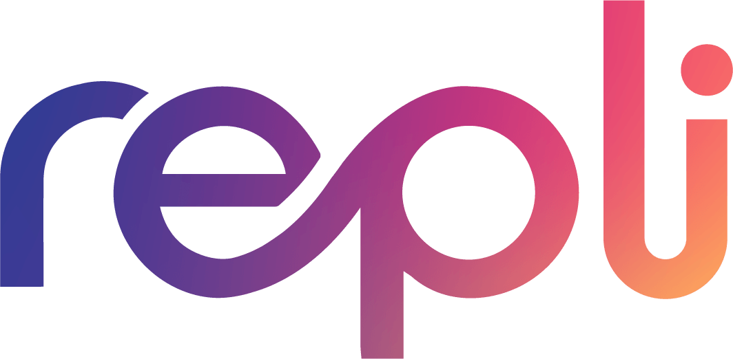 A colorful logo for a company called repli