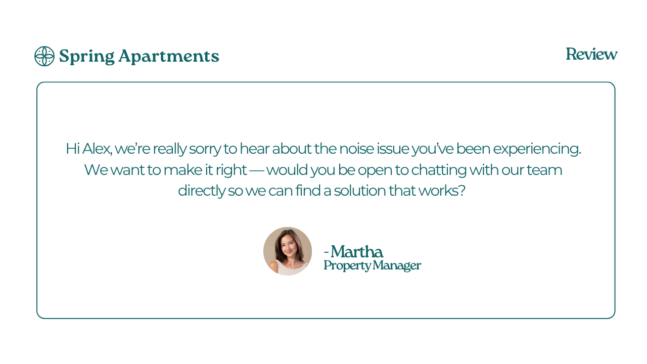 A woman is giving a review of spring apartments.