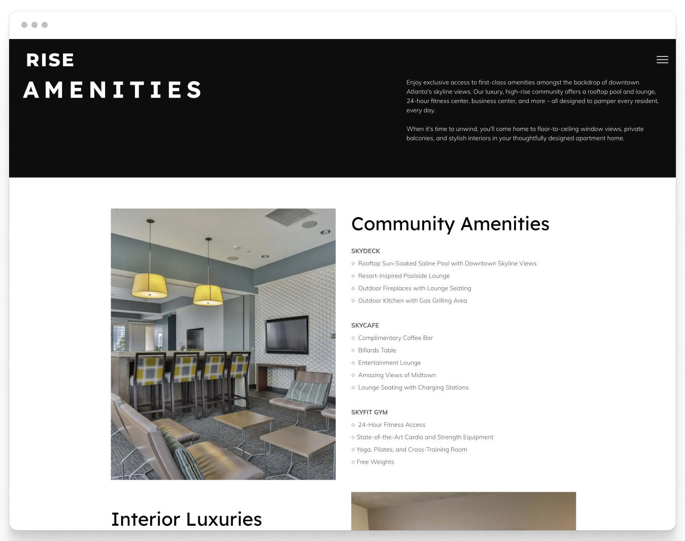 Amenities Page Preview of Rise Property Website Theme