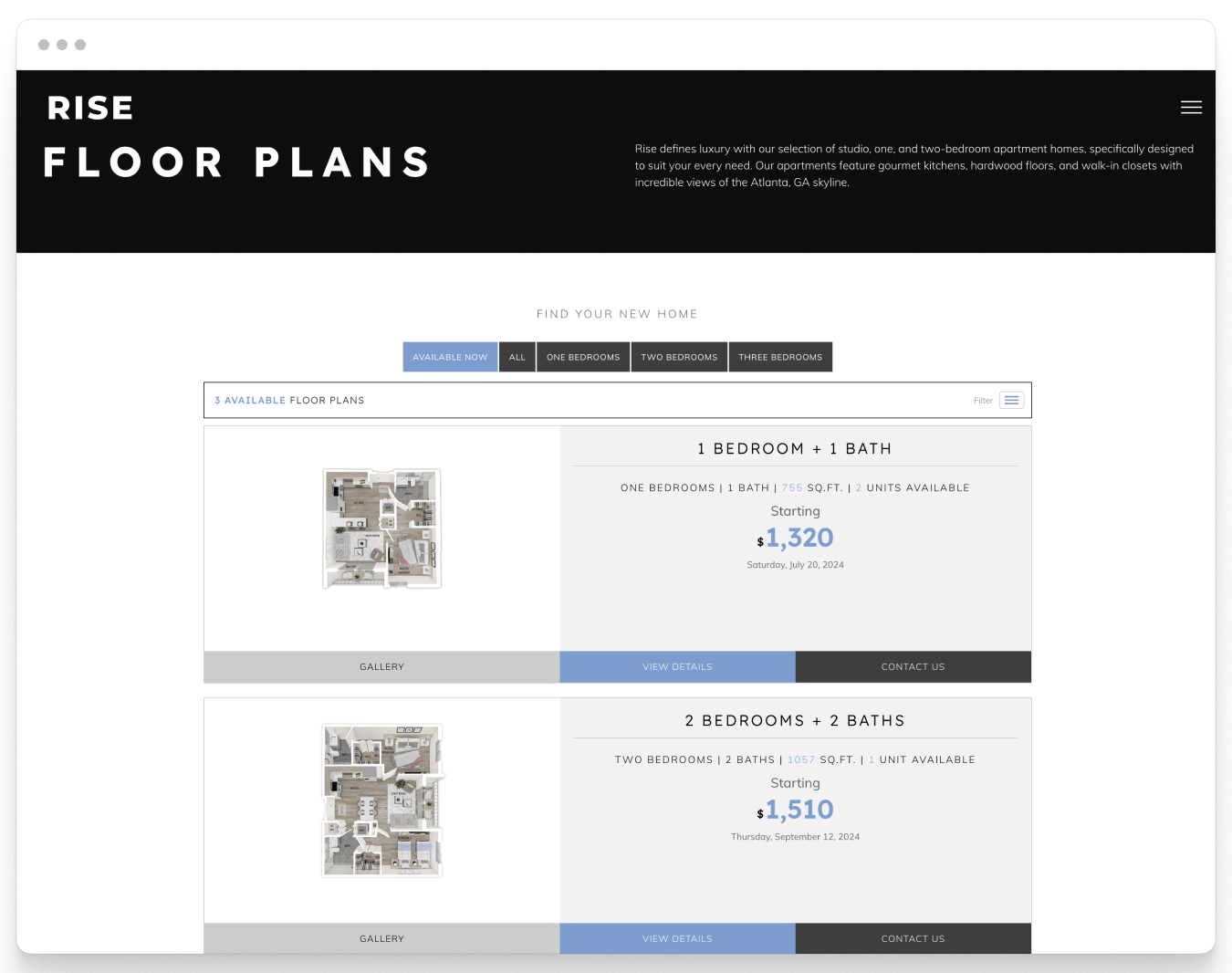 Floor Plans Page Preview of Rise Property Website Theme