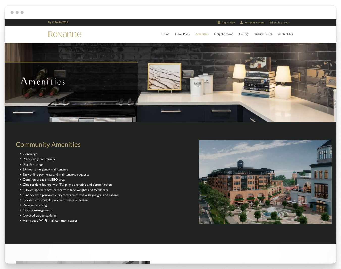 Amenities Page Preview of the Roxanne Property Website Theme