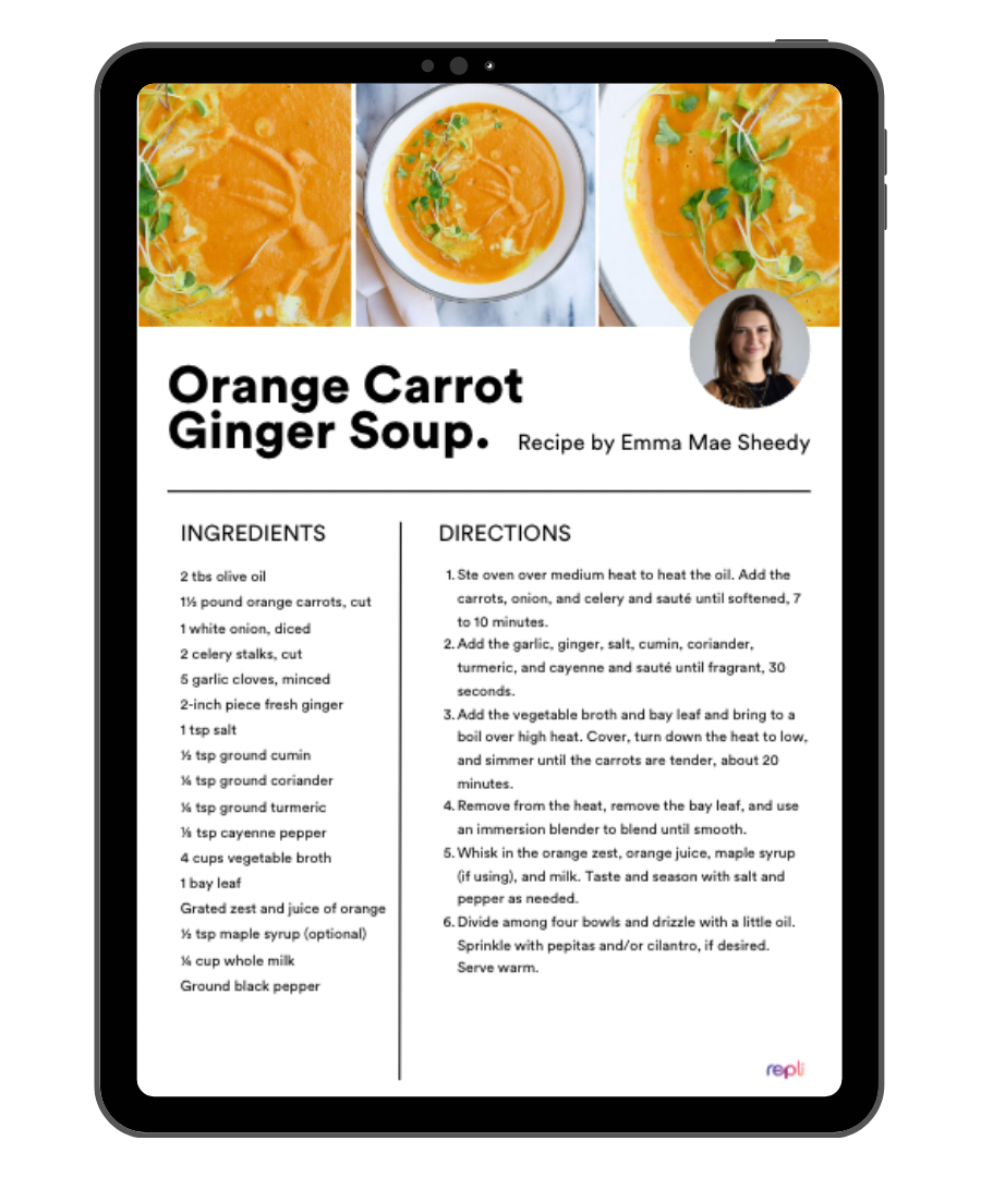 A tablet with a recipe for orange carrot ginger soup on it.