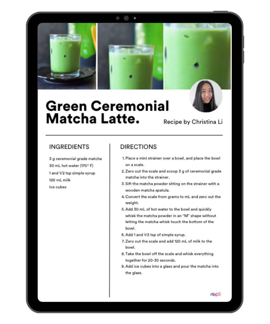 A tablet with a recipe for a green ceremonial matcha latte.