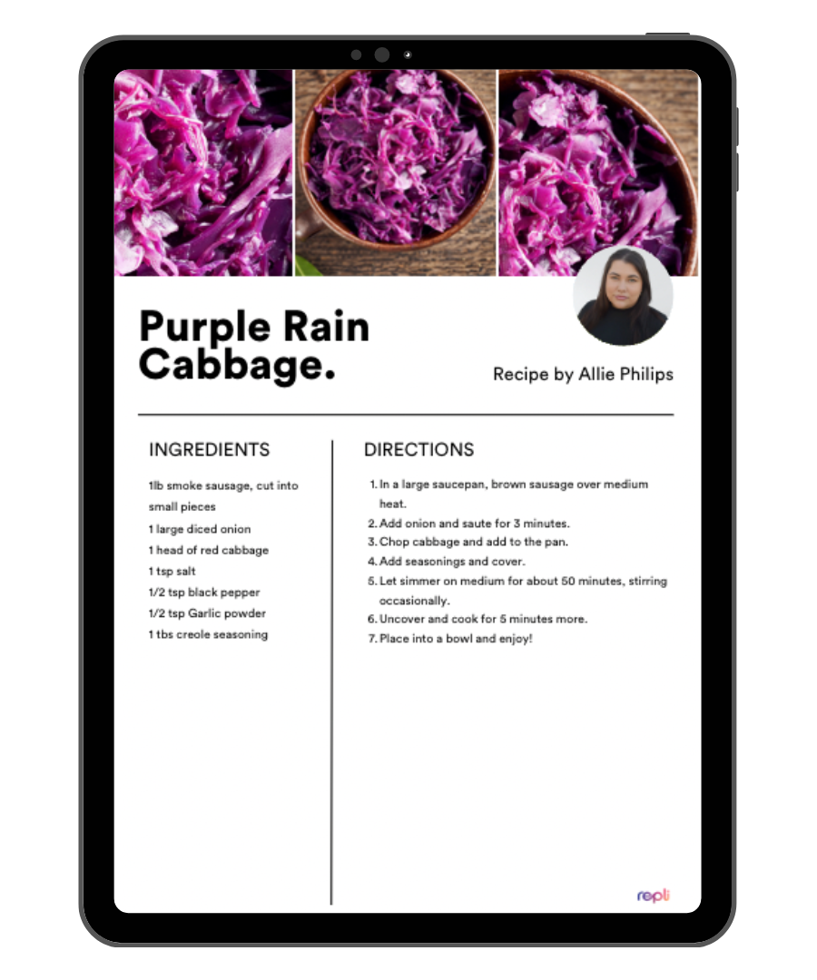 A tablet with a recipe for purple rain cabbage on it.