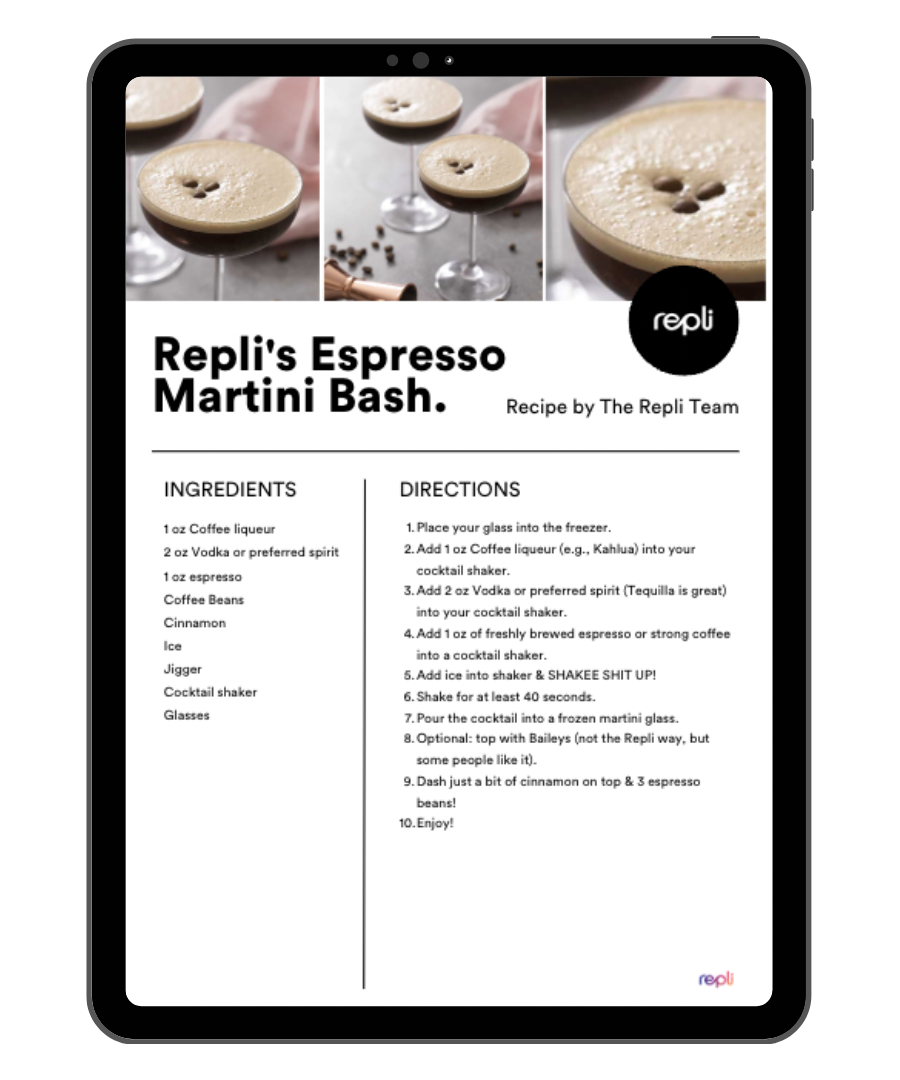 A tablet with a recipe for repli 's espresso martini bash.