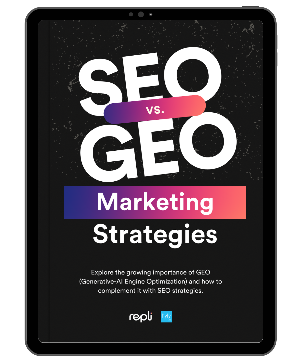 A tablet with a black cover that says `` navigating multifamily seo vs. geo marketing strategies ''.