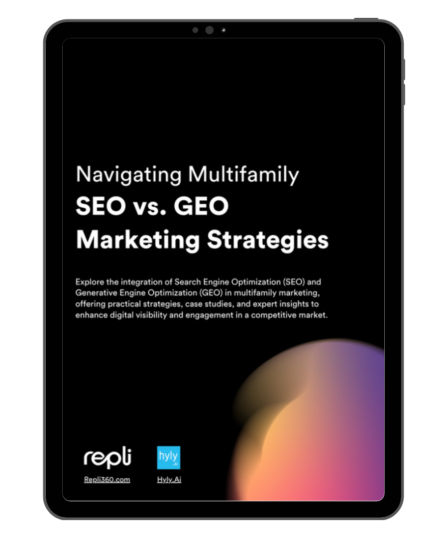 A tablet with a black cover that says `` navigating multifamily seo vs. geo marketing strategies ''.