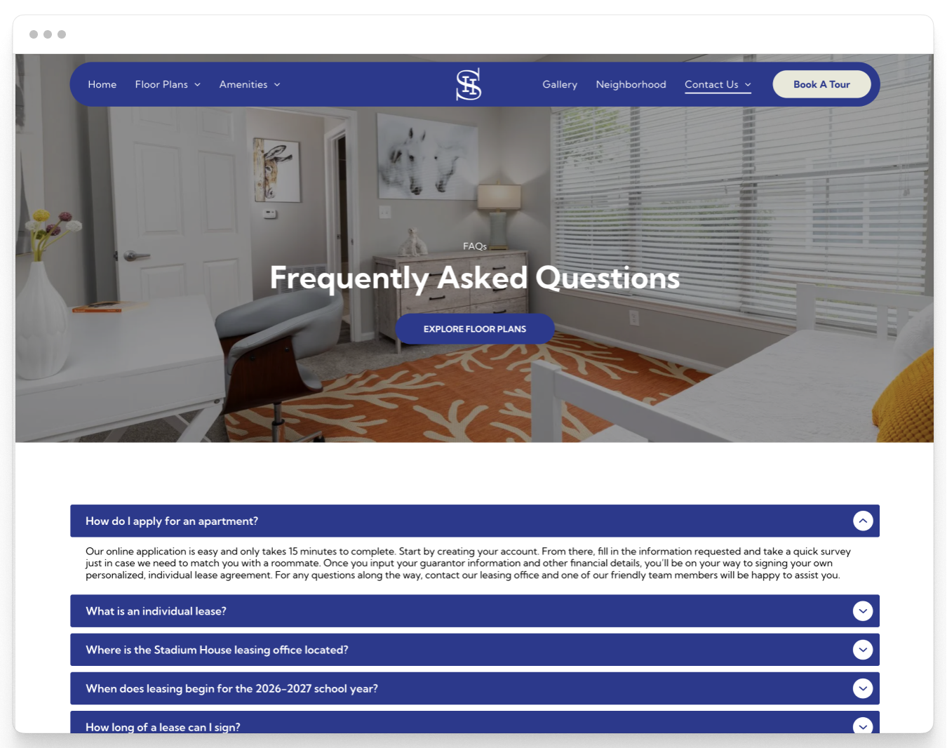 FAQ Page Preview of the Stadium Student Property Website Theme