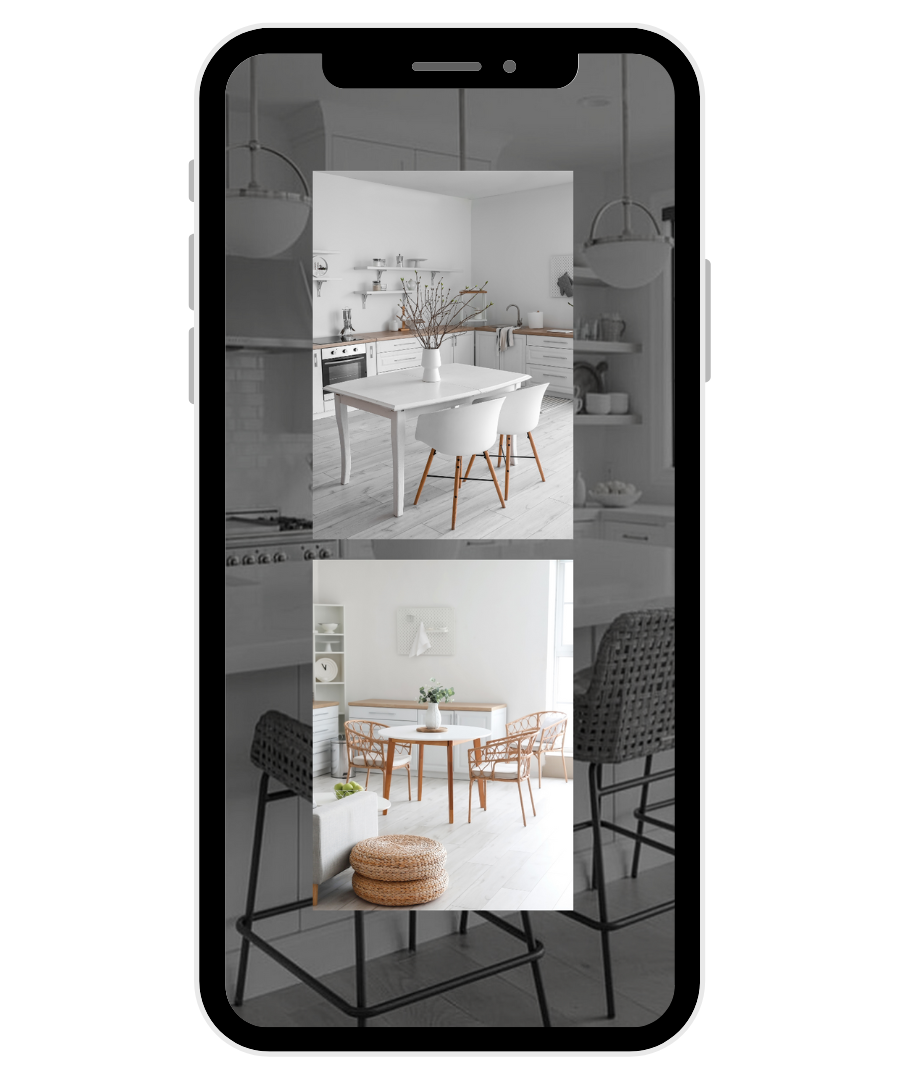 A cell phone with a picture of a kitchen and dining room on it.