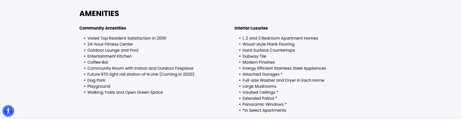 apartment landing page amenities & features