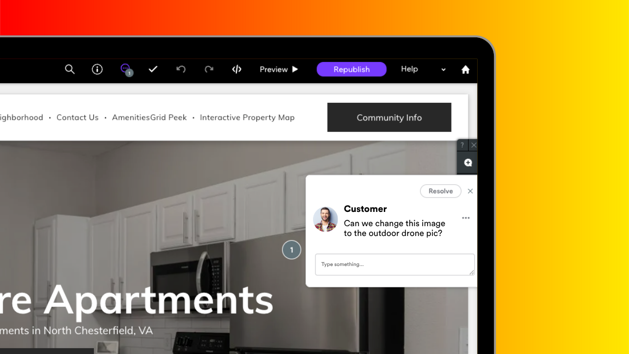 A computer screen shows a website for apartments and site comments