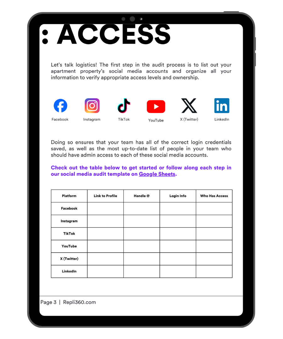 A tablet with a list of social media accounts on it.