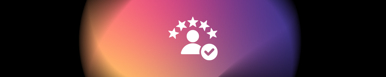 A white icon of a person with stars around their head on a colorful background.