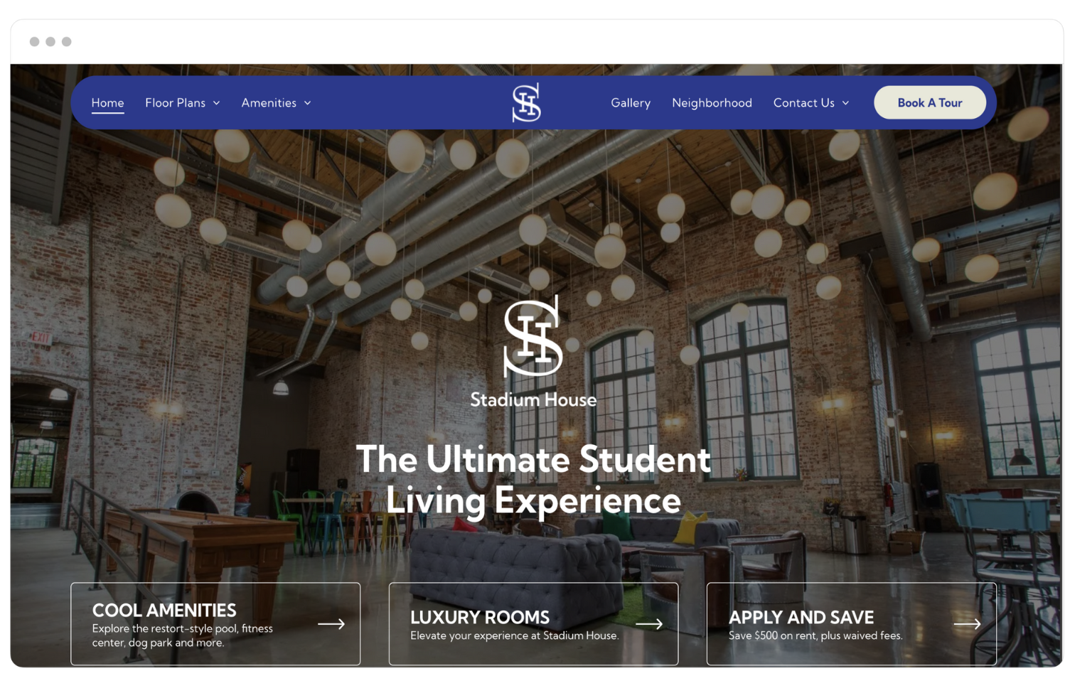 Stadium House student housing theme displayed on desktop.