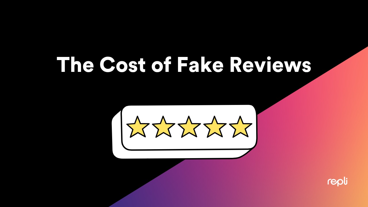 Title “The Cost of Fake Reviews” over a black background with a five-star rating icon on a purple-to-pink gradient shape