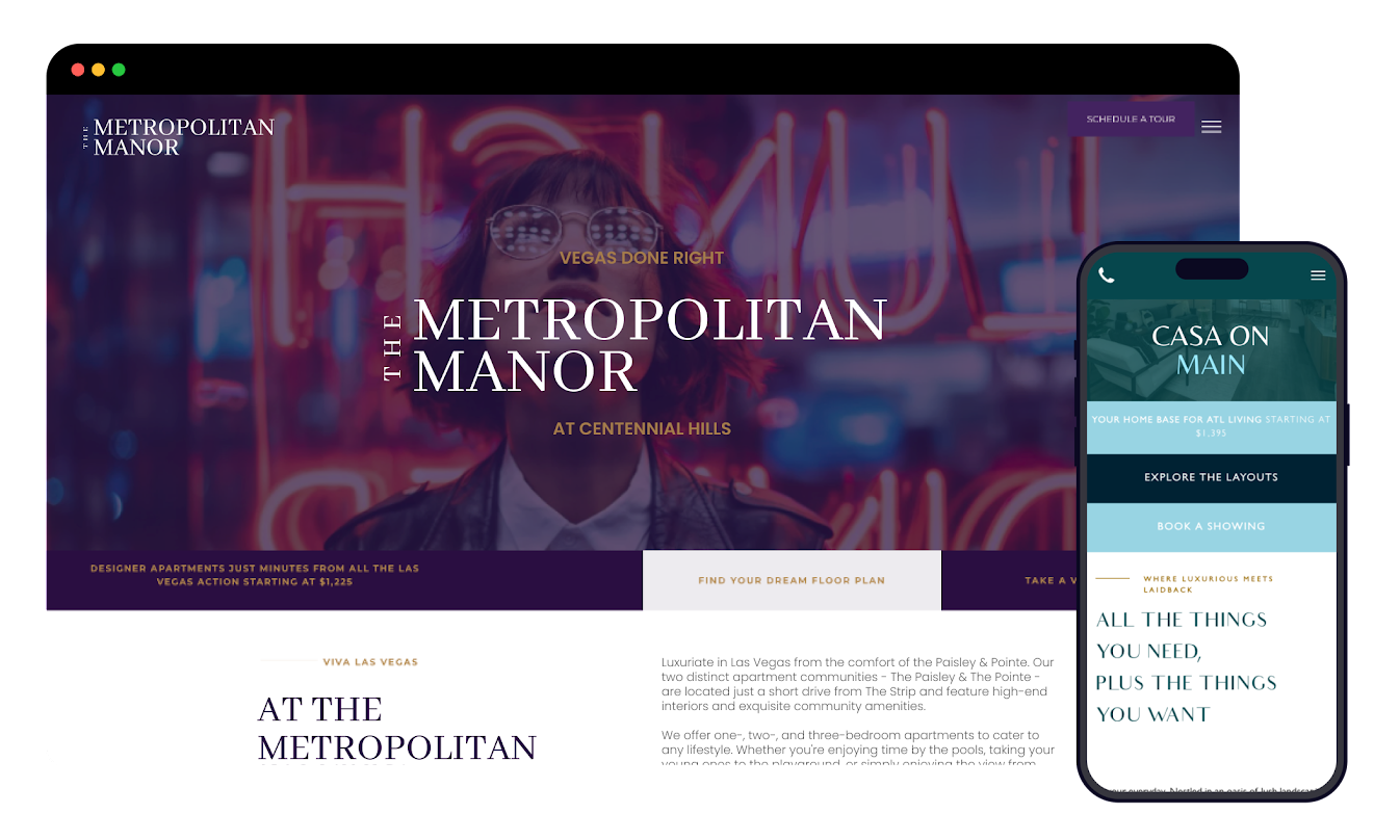 A computer screen and a cell phone displaying a website for metropolitan manor.