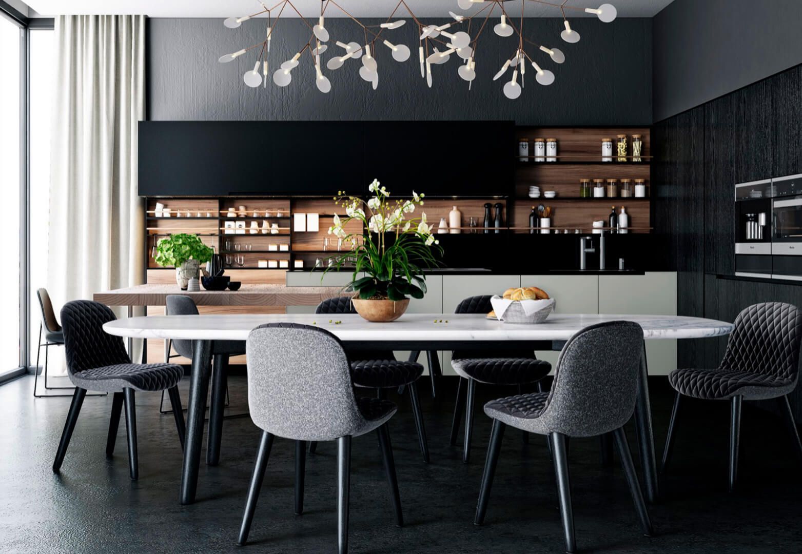 A kitchen with a table and chairs in it