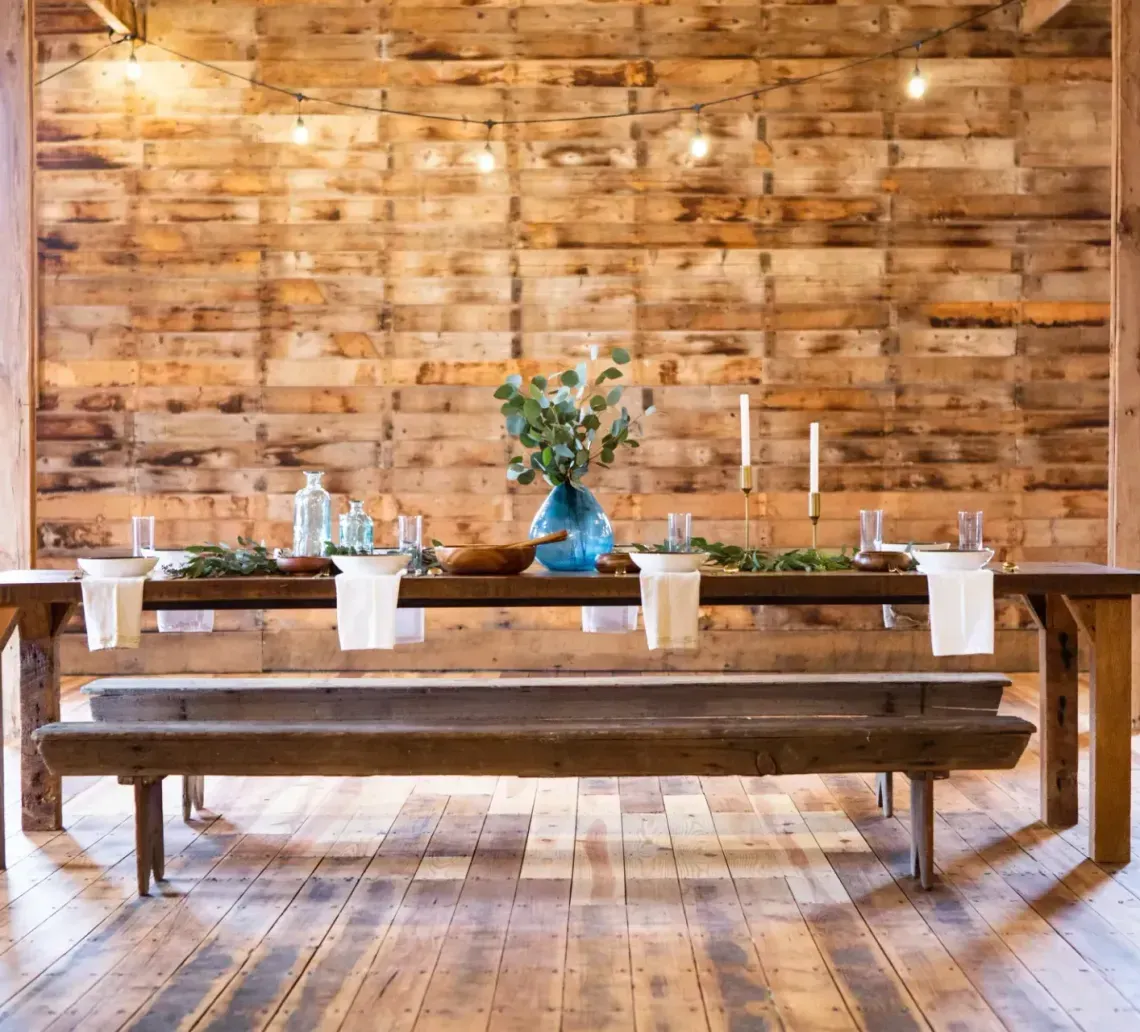 A long wooden table with white napkins and a blue vase of greenery, set against a rustic barn wall with string lights.
