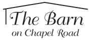 A minimalist white line drawing of a barn on a black background, with the text