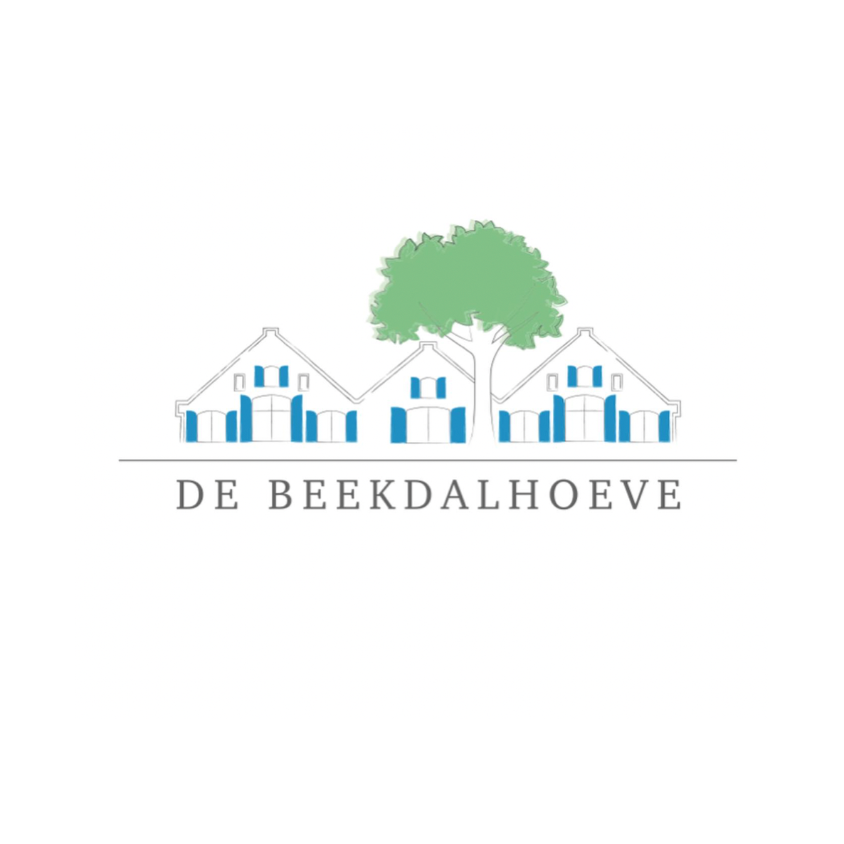 Het logo van de beekdalhoeve toont een rij huizen en een boom.