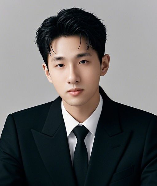 Man in a black suit and tie, looking forward with a neutral expression against a grey background.