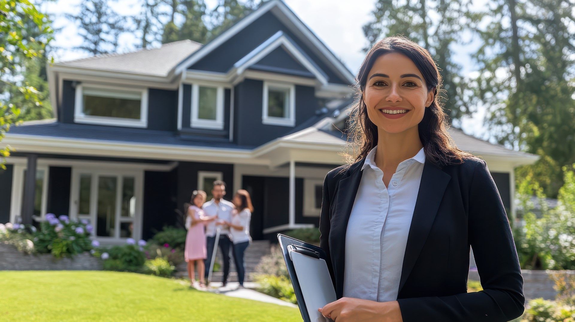 A licensed realtor in front of a home with family