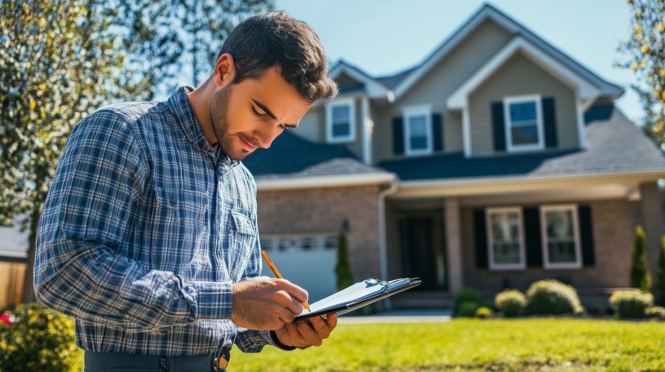 Man with clipboard inspecting a suburban house under the sun