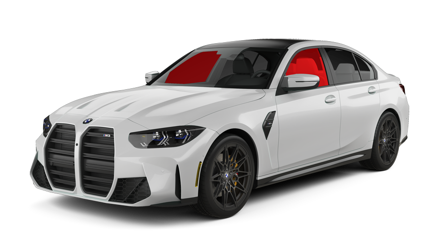 A white bmw m3 with red seats on a white background.