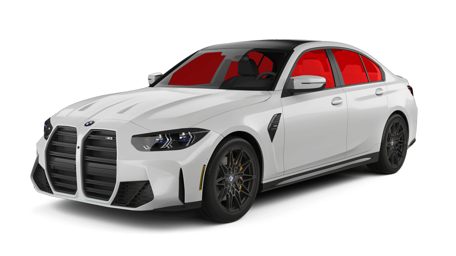 A white bmw m3 with red seats on a white background.