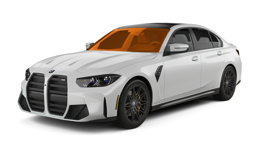 A white bmw m3 with a black grille is shown on a white background.